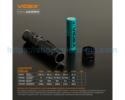 Portable LED flashlight VIDEX VLF-A105RH 1200Lm 5000K